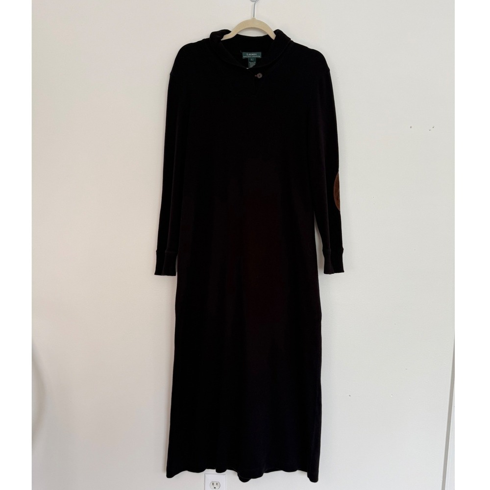Lauren Ralph Lauren Maxi Balack SWEATER DRESS Large Suede‎ Elbow Patches Fall